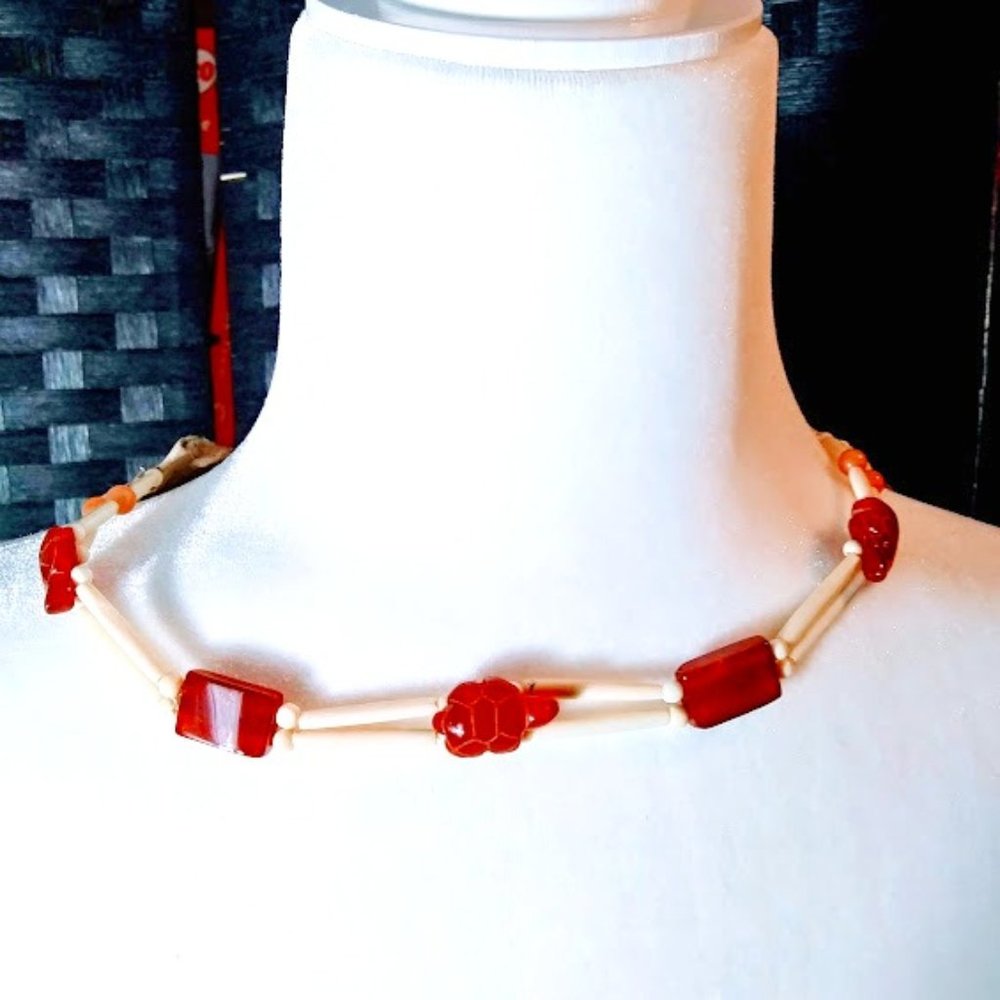 NEW*CARNELIAN TURTLES*BOVINE BONE* 2 STRAND CHOKER NECKLACE*HAND CRAFTED